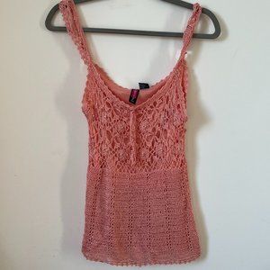 Y2K Coral Pink Crochet Beaded Tank Top Small